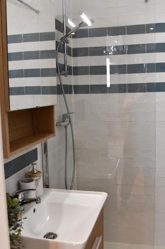 La salle de bains est pourvue d'une douche et d'un lavabo blanc. dans l'établissement La belle échappée, à Trouville-sur-Mer