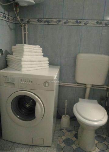 a bathroom with a washing machine and a toilet at Apartament Azur in Călimăneşti
