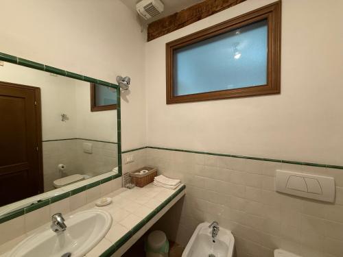 a bathroom with a sink and a toilet and a mirror at Appartamenti Palazzo Lantieri in Gorizia