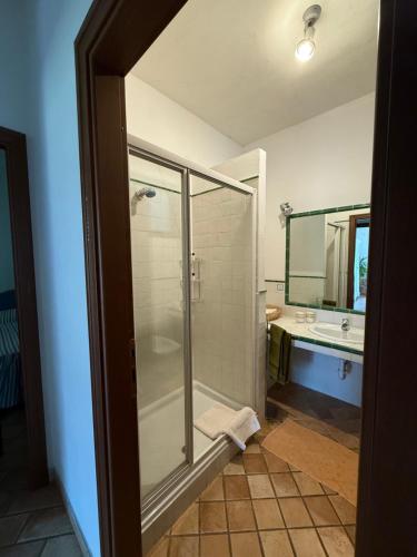 a bathroom with a glass shower and a sink at Appartamenti Palazzo Lantieri in Gorizia