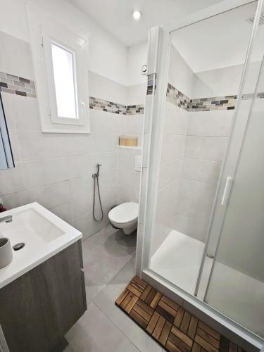 une salle de bain avec une douche, un lavabo et des toilettes dans l'établissement Spacious house - unobstructed view, à Mouans-Sartoux