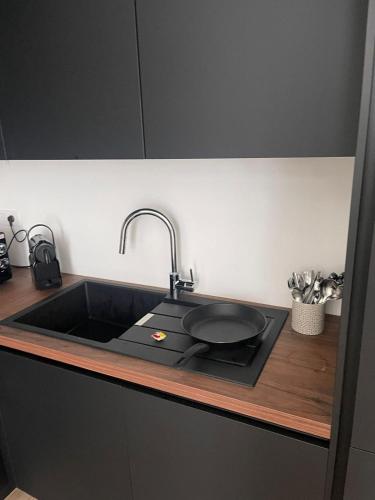 un évier de cuisine avec une poêle à frire dessus dans l'établissement Hyper center T2 Bohemian chic, à Marseille