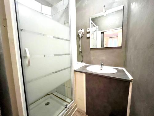 une salle de bain avec un lavabo, un miroir et une douche dans l'établissement Les Apparts'hôtel de Margot, à Courtenay
