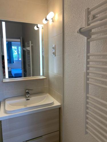 une salle de bain avec un lavabo et un miroir dans l'établissement Villa Livia, à La Celle-sous-Gouzon