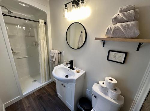 a bathroom with a sink and a shower and a toilet at The Stonehouse Makers' Maisonette in Pictou