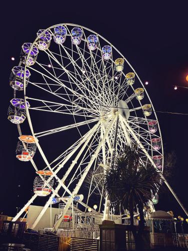 a large ferris wheel is lit up at night at The Robin Hill in Torquay