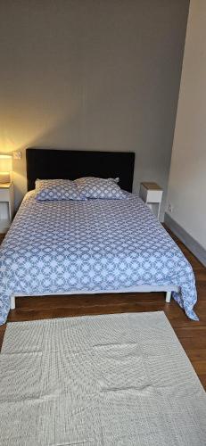 une chambre avec un grand lit avec une couette bleue dans l'établissement Appartement de charme Proche Matabiau capitole très calme, à Toulouse