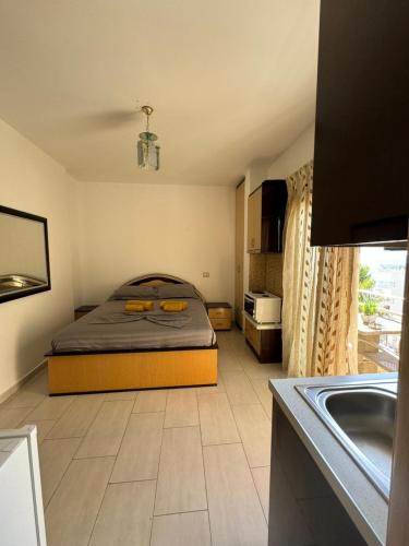 a bedroom with a bed and a sink in it at Michal's Apartment in Sarandë