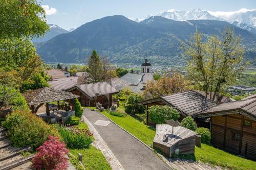 a village with buildings and mountains in the background at Les Greniers du Mont Blanc in Passy