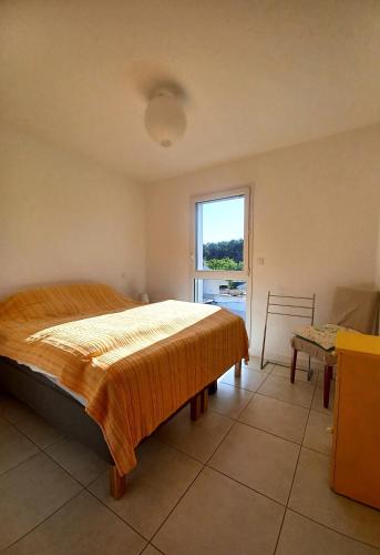 une chambre avec un grand lit et une fenêtre dans l'établissement Patio de Flore, à Mimizan