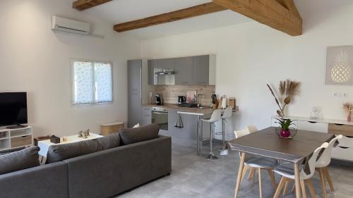 un salon avec un canapé et une table dans l'établissement Maison 4 pers - Jardin et calme, à Arles