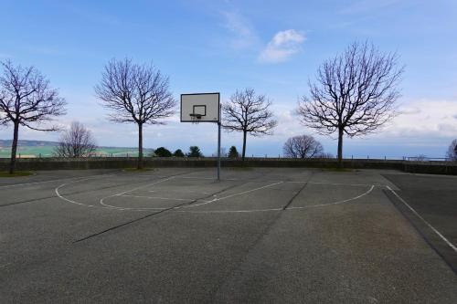 an empty basketball court with trees and a hoop at Chalet Calin - Business & Familles in Arzier