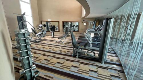 a gym with treadmills and ellipticals in a building at Estadía de Lujo con vista soñada a la Bahía grande de Nordelta in Benavídez