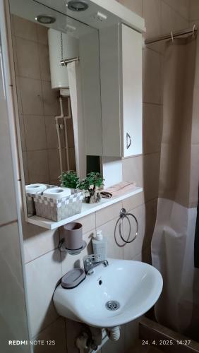 ein Badezimmer mit einem weißen Waschbecken und einem Spiegel in der Unterkunft Happy Star in Niš
