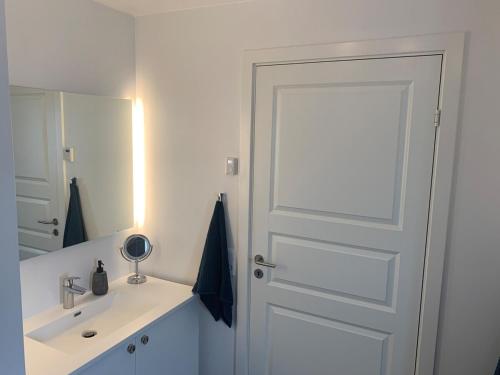 ein Badezimmer mit einer weißen Tür und einem Waschbecken in der Unterkunft Private home with sea view in Ilulissat