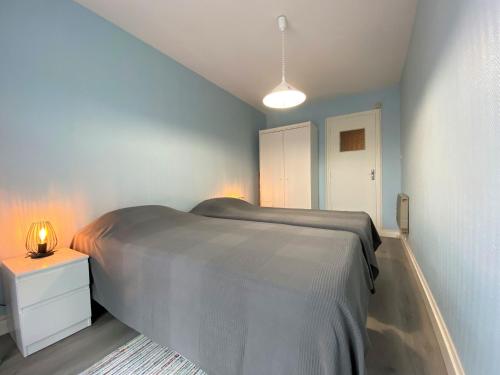 a bedroom with a bed and a lamp on a night stand at Appartement 2 pièces proche Thalasso Roscoff in Roscoff