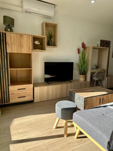 un salon avec une télévision, un canapé et une table dans l'établissement Appartement Zephyr - à 1 minute de la plage, à Cagnes-sur-Mer