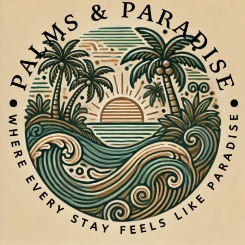 a drawing of a wave with palm trees in a circle at Palms & Paradise in Machaca Camp