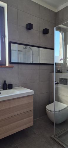 Un baño con ducha, lavabo e inodoro. en Storms 4, en Sudmalkalni