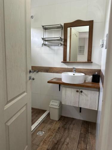 a bathroom with a sink and a mirror and a toilet at El Esfuerzo in San Luis