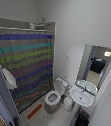 a bathroom with a shower and a toilet and a sink at HAUSHostel in Vinhedo