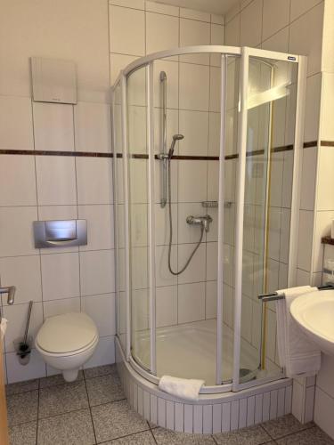 a bathroom with a shower with a toilet and a sink at Hotel Villa Martino - zum Hirsch in Bad Säckingen