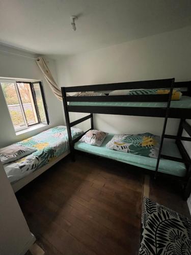 une chambre avec deux lits superposés et une fenêtre dans l'établissement Proche Disney, appartement au calme, à Couilly-Pont-aux-Dames