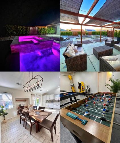 a collage of photos of a house with a pool table at Casa Malia -salt water oasis in Desert Hot Springs