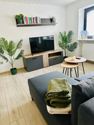 a living room with a tv and a couch and a table at Ferienwohnung Karl im schönen Pfälzer Wald in Petersberg