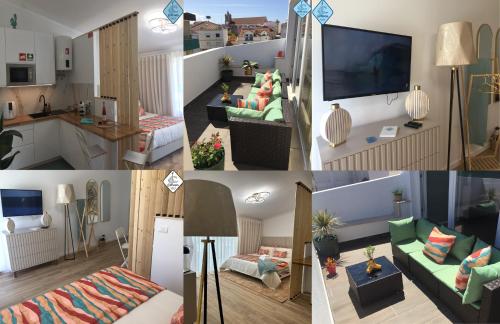 a collage of four pictures of a living room at At Maries Beach House Peniche 2 in Peniche