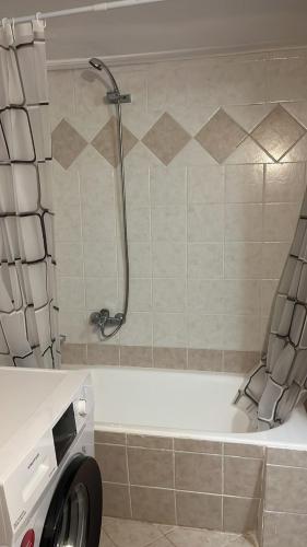 a bathroom with a bath tub with a shower at Skandalis Apartments with pool in Chorafakia