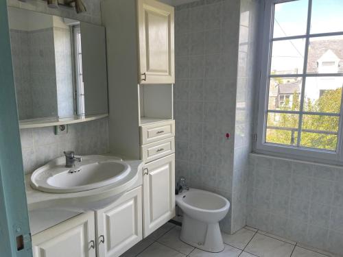 une salle de bain avec un lavabo et des toilettes dans l'établissement Maison à Lilia, à Plouguerneau