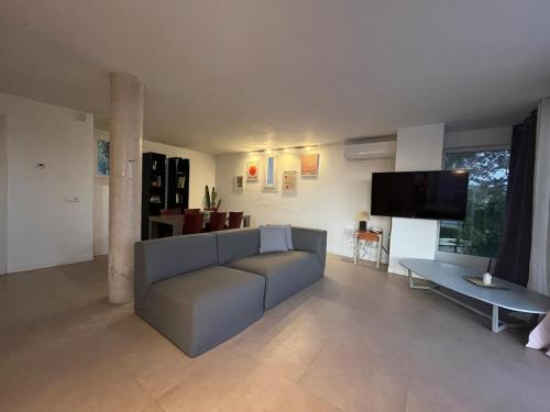 a living room with a couch and a tv at Villa Rosita Ibiza in Talamanca