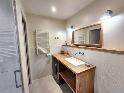 une salle de bain avec un lavabo, un miroir et une douche dans l'établissement Sunflower Cavalaire - Wifi - Clim - Parking, à Cavalaire-sur-Mer