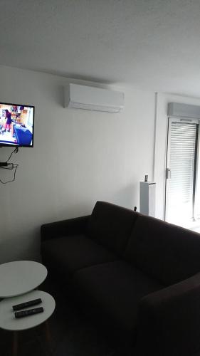 un salon avec un canapé et une télévision au mur dans l'établissement Centre Port Cap d 'agde, au Cap d'Agde