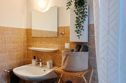 ein Badezimmer mit Waschbecken und Spiegel in der Unterkunft Rooftop-Apartment zentral gelegen in Düsseldorf in Düsseldorf