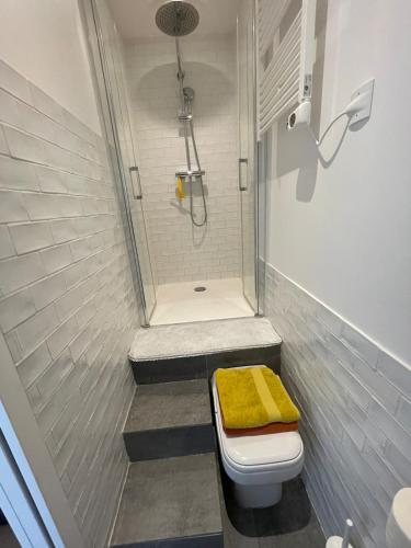 La salle de bains est pourvue d'une douche et de toilettes avec une serviette jaune. dans l'établissement Studio indépendant hyper centre tram à 100M, à Bordeaux