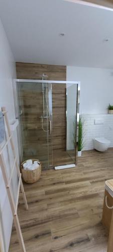 a bathroom with a glass shower and a toilet at CasaSol Domek w Beskidach in Sól