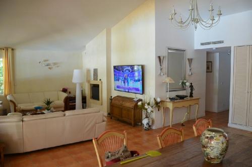un salon avec un canapé et une télévision dans l'établissement Superbe maison neo provençale avec piscine privée, à Fayence