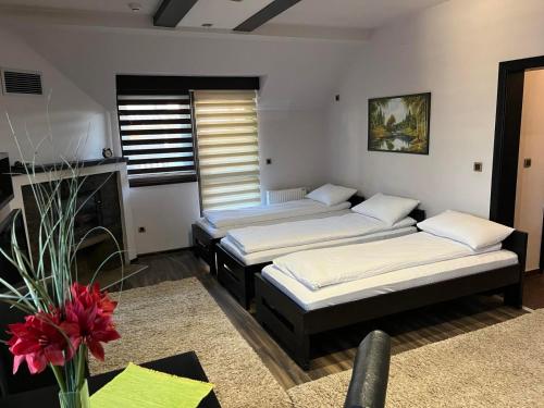 a room with two beds and a vase with flowers at Divčibarski Vajati in Divčibare