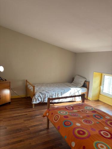 - une chambre avec 2 lits et un tapis au sol dans l'établissement Grand appartement pour 4 à 7 personnes maximum, à Chef-Boutonne