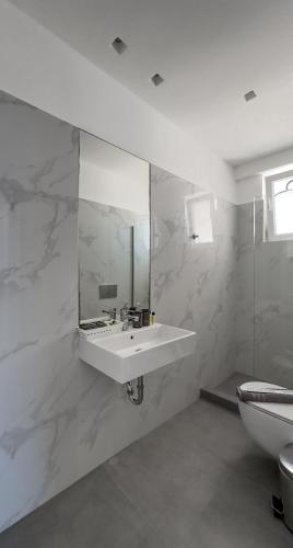 a bathroom with a sink and a mirror and a toilet at TIKI BEACH STUDIOS in Nea Makri
