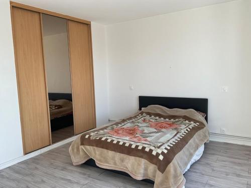 une chambre avec un lit et un grand miroir dans l'établissement Apartment for rent in Le Blan-Mesnil, au Blanc-Mesnil