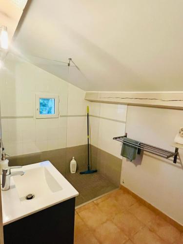 La salle de bains est pourvue d'un lavabo et d'une serpillière. dans l'établissement Mas Saint-Ange, à Lunel
