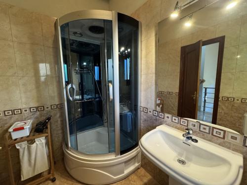 ein Badezimmer mit Dusche, Waschbecken und Spiegel in der Unterkunft Casa Marisa en Cangas de Onís VV-2929-AS in Cangas de Onís