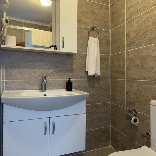 a bathroom with a sink and a toilet at Hera Pansiyon in Ayvalık