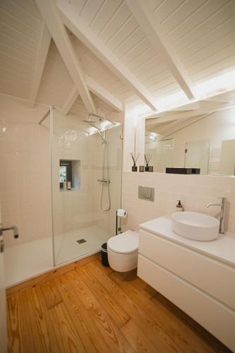 a bathroom with a toilet and a sink and a shower at Quinta do Fradinho - Casa do Rio in Soajo