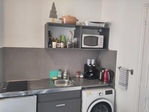 une cuisine avec un évier et une machine à laver dans l'établissement Independent studio fully equipped Lyon-Villeurbanne, à Villeurbanne