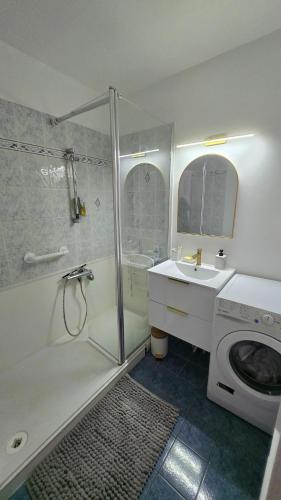 une salle de bain avec douche et lavabo et une machine à laver dans l'établissement Le Majolique Nice and Cozy Apartment, à Rouen