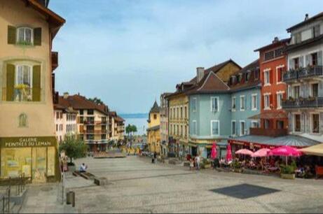 une rue dans une ville avec de nombreux bâtiments dans l'établissement Vintage avec parking face aux thermes, à Évian-les-Bains